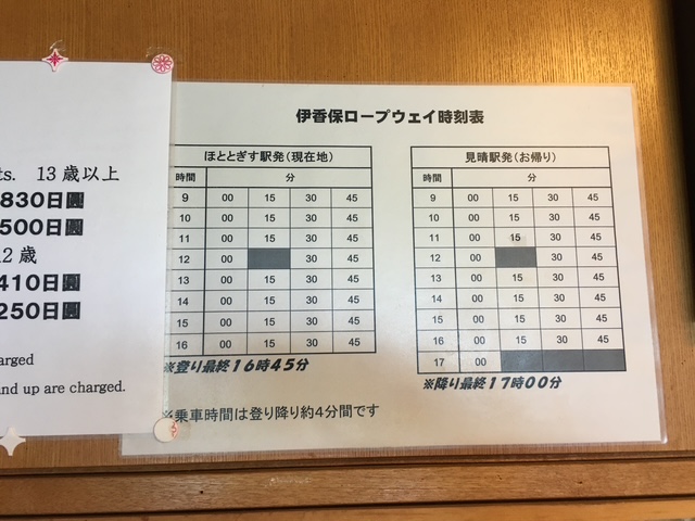 伊香保ロープウェイのほととぎす駅と見晴駅からの時刻表