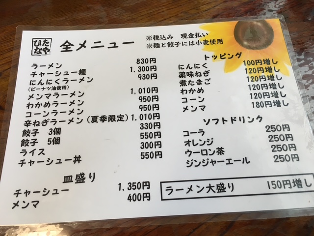 佐野らーめん日向屋【ひなたや】のメニュー